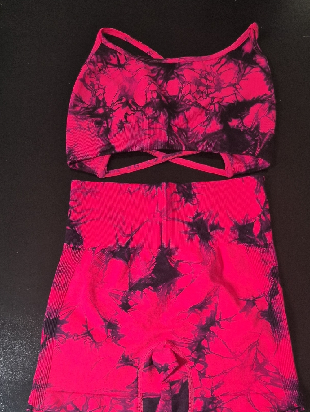 Tie-Dye Pink & Black Active Set - Crop Top + High-Waist Shorts